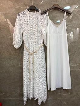 

2020 Early Spring New Women's Lining Dress Decoration round Neck Water Soluble Embroidery Solid Color Dress 408