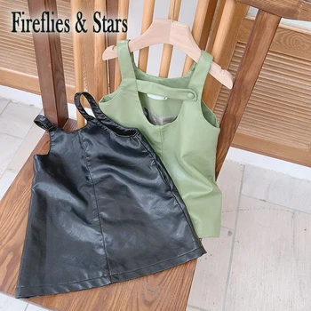 

Spring Autumn Girls Dress Baby Pu Dress Kids Vestidos Children Jumper Skirt Clothes Faux Leather Cross Belt Sleeveless 3 To 12 Y