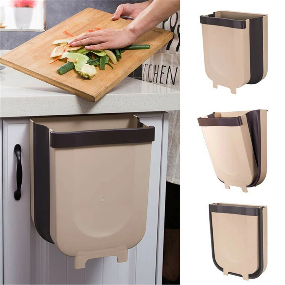 

Wall Mounted Folding Waste Bin Kitchen Cabinet Door Trash Cans Hanging Garbage Bin Kitchen Hanging Foldable Trash Can for Car