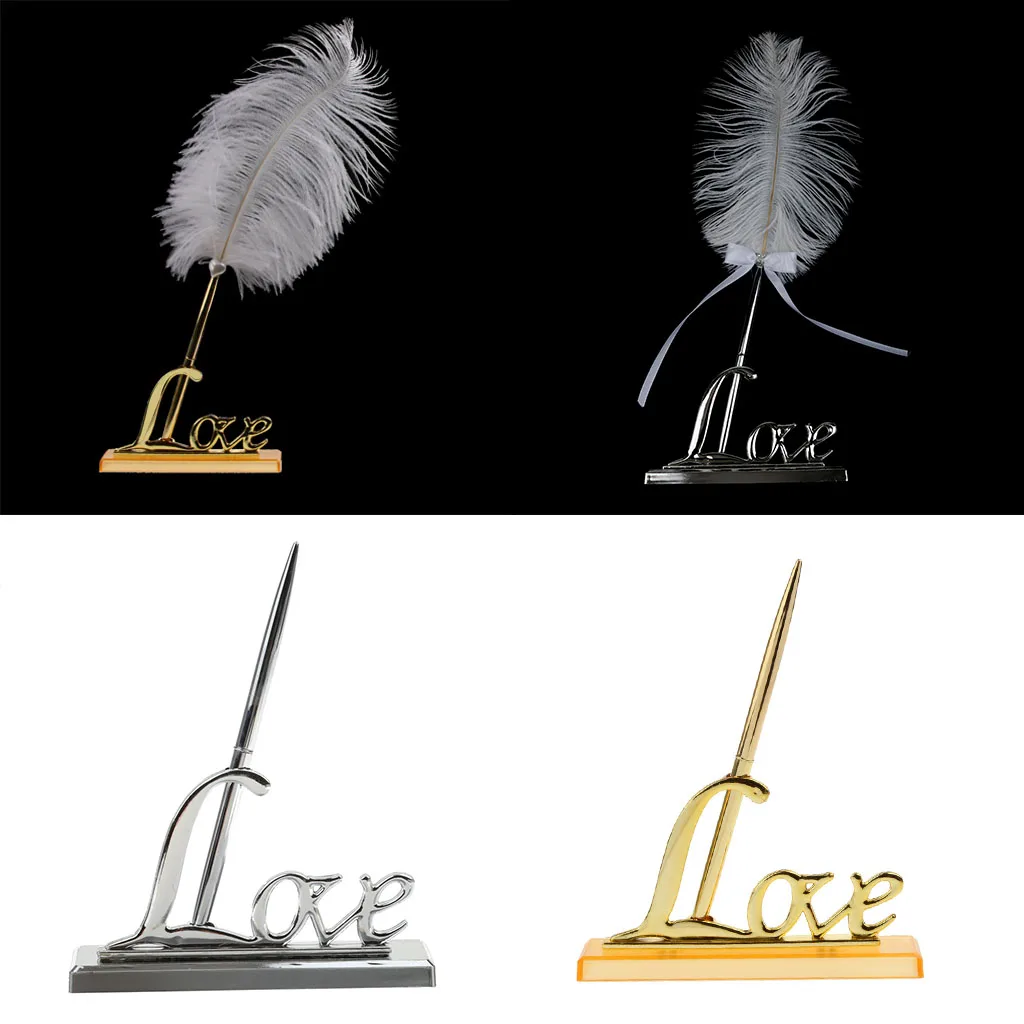 

Plastic Unique Design Elegant Pen With Holder For Wedding Guestbook Bridal Engagement White + Gold