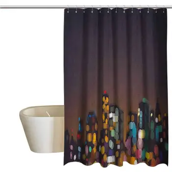 

City Extra Long Shower Curtain Cityscape at Night Abstract Display with Silhouettes with Colorful Dots Bokeh Effect Mildew