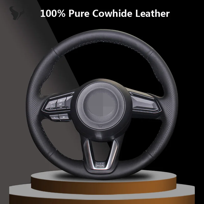 Hand stitched Black Genuine Leather Steering Wheel Cover for Mazda 3 CX