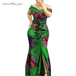 African Dresses for Women Bazin Riche Print Wax Slash Neck Ruffle Maxi Dress Party Women African Clothing Plus Size WY8894