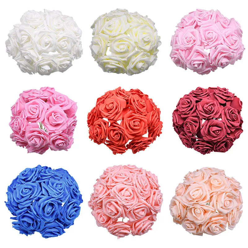 24pcs 7cm Cheap Flowers Foam Artificial Rose Flowers Bouquet For Home Garden Party Wedding Decoration Big Rose with Wire Stem
