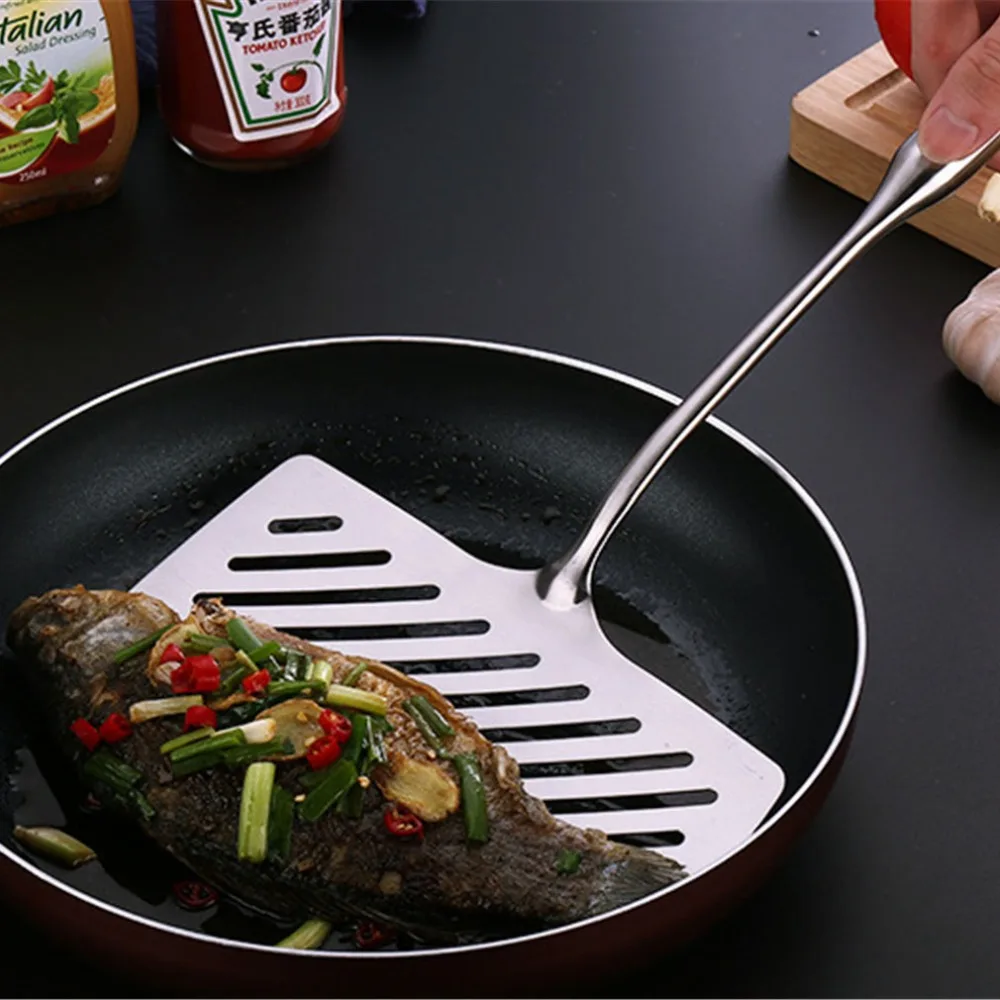 

Stainless Steel Wide Fried Fish Spatulas Steak Shovel Fish Turner Slotted Beveled Kitchen Cooking Utensils Kitchen Accessories