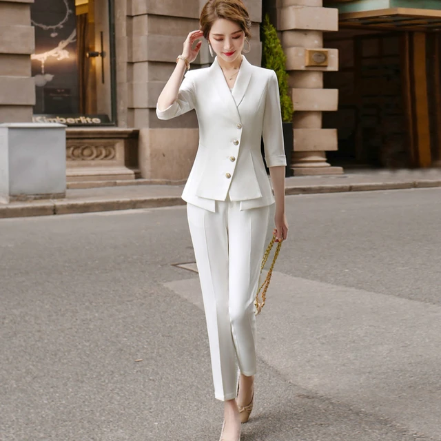 Hoge Kwaliteit Casual Vrouwen Pak Broek Tweedelige Set 2023 Nieuwe Zomer  Elegante Dames Witte Blazer Jas Zakelijke Kleding - AliExpress