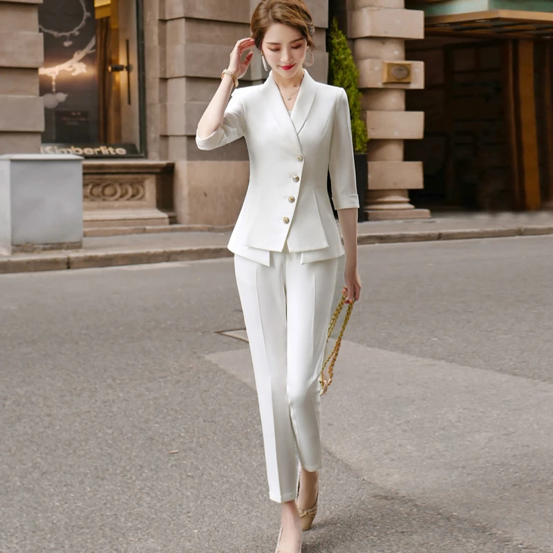 Traje informal de alta calidad mujer, conjunto de dos piezas, chaqueta blanca elegante para mujer, traje de negocios, novedad de pantalón| - AliExpress