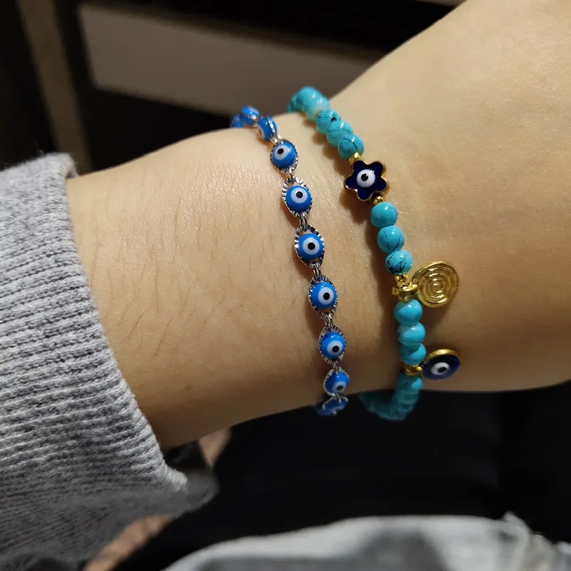 Rinhoo Handmade Vintage Rhinestone Palm Blue Evil Eye Pendant Link Chain Bracelet For Women Men Good Luck Bracelet bracelet jewelry