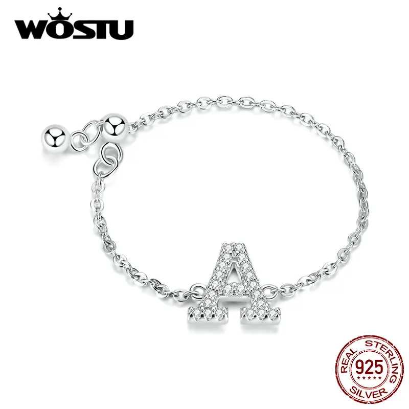 

WOSTU Real 925 Sterling Silver Letters A M Ring Zircon Adjustable 8cm Chain Link Alphabet Rings Finger For Women Jewelry CQR601