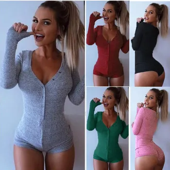 

WEPBEL Bodycon Bandage Bodysuit Slim Short Cotton Romper Women Romper Sexy Short V Neck Long Sleeve Playsuit