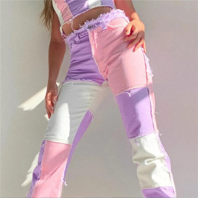 

Thrift Patchwork Contast Color Hip Hop Trousers Women High Waist Street Wear Tassel Jeans Casual Denim Pants