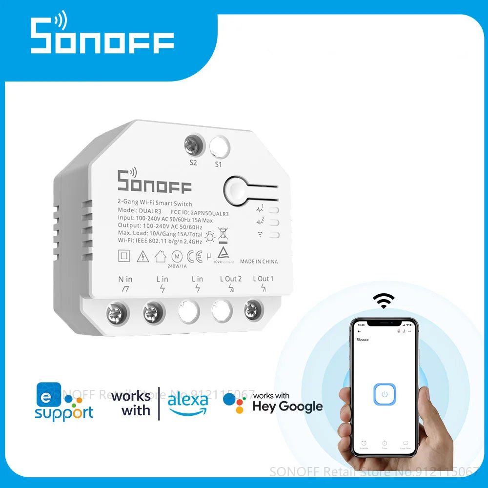 SONOFF Interruptor de cortina inteligente WiFi con medición de potencia,  certificado TUV, DUALR3 doble relé para bricolaje, persianas, persiana