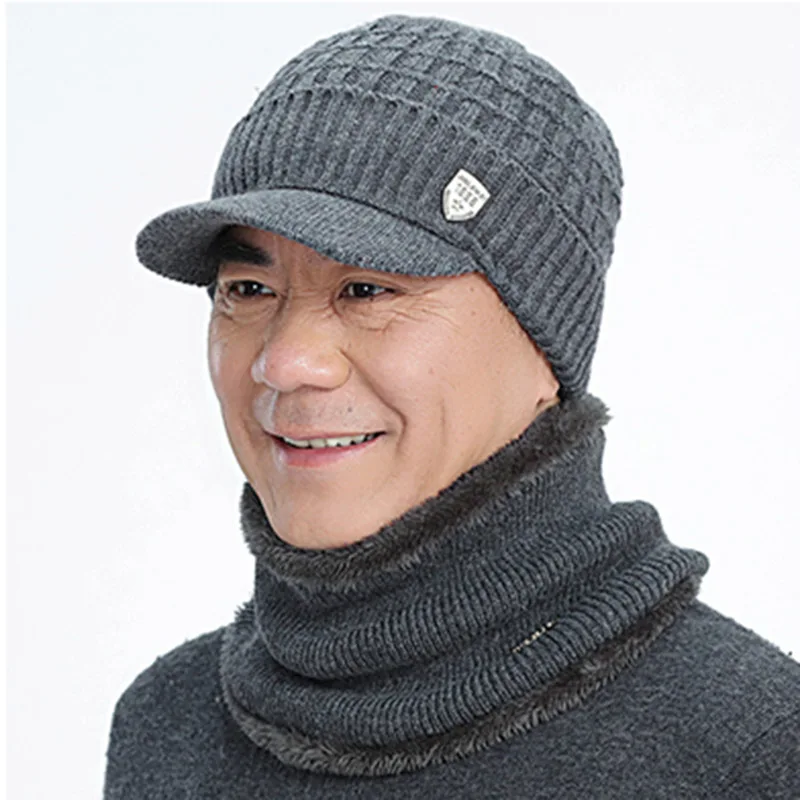 Зимняя шапка, шарф Skullies Beanies для мужчин, вязаная шапка, женская маска, толстая Балаклава, ушанка, шерстяной берет, мужская шапка - Цвет: Gray