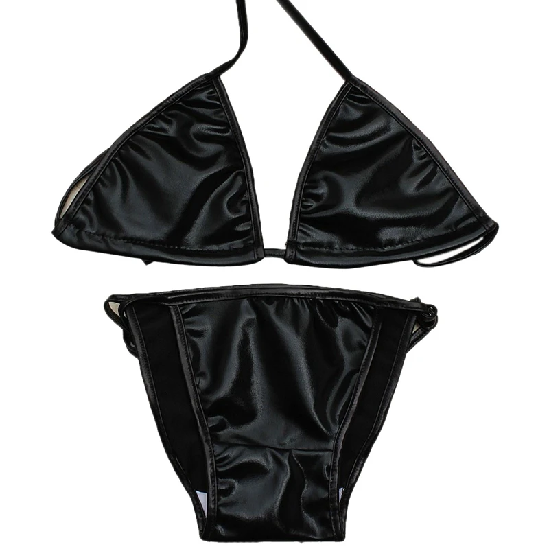 Women's Sexy Shiny Babydoll Lingerie Bra+ G-string Beachwear black