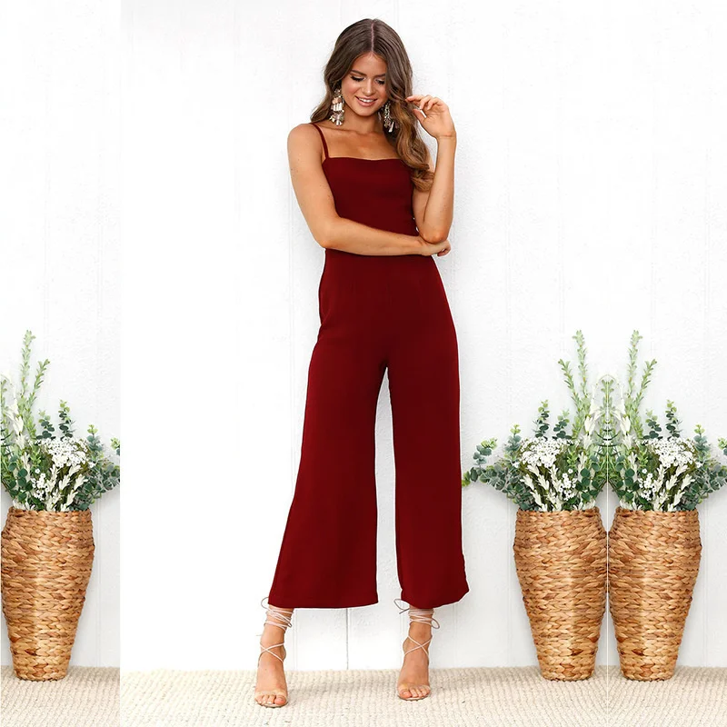 

#1001 Red Sexy Jumpsuits Women Summer Sleeveless Playsuits Ladies High Waist Wide Leg Pants Female Slim Tops Back With Zipper