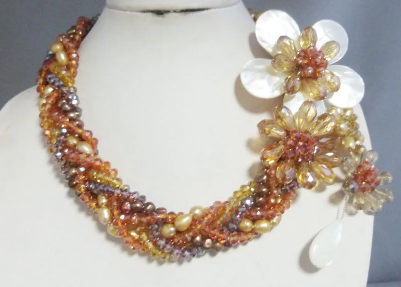 Crystal + pearls hand-woven flower necklace  20"