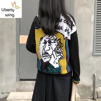 

Korean Preppy Style Back Letter Cartoon Character Womens Sweater Single Breasted V-Neck Vintage Loose Female Knited Cardigans