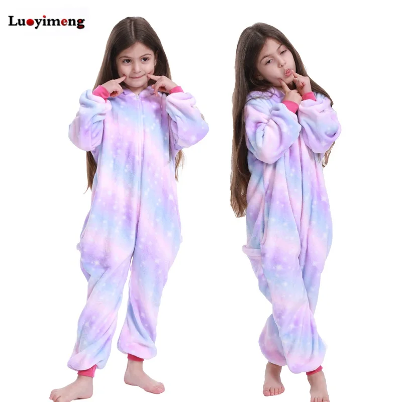 Kigurumi Onesie/Детские пижамы с единорогом, детское одеяло для животных, зимние пижамы для девочек, костюмы единорога - Цвет: purple star