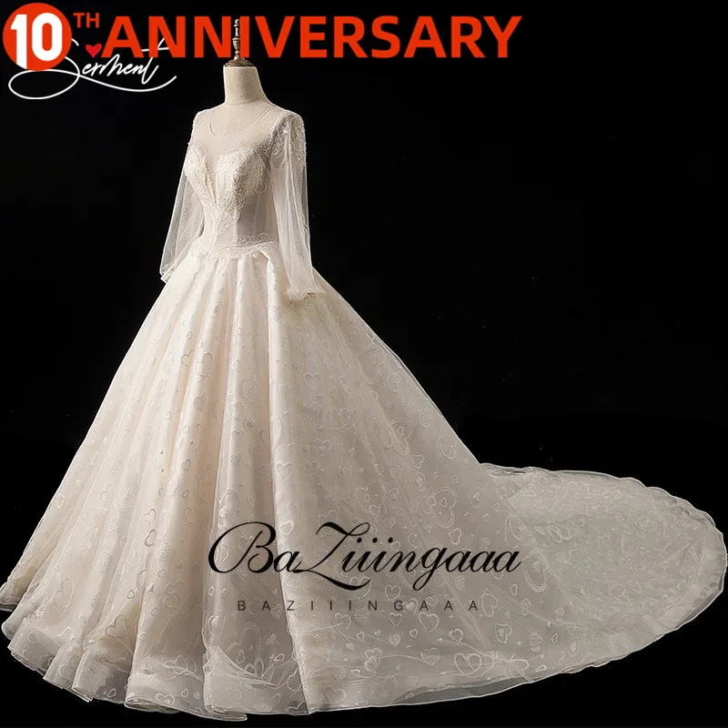 

BAZIIINGAAA Luxury Full Sleeves Lace Wedding Dress Ball Gown Princess Bridal Wedding Gowns Church Wedding Bride Pregnant