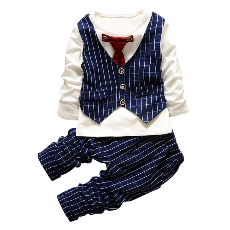 Baby Boy Clothes Set Spring Gentleman Outfits Plaid Print Fake Tie Shirt Trousers Toddler Suit | Детская одежда и обувь