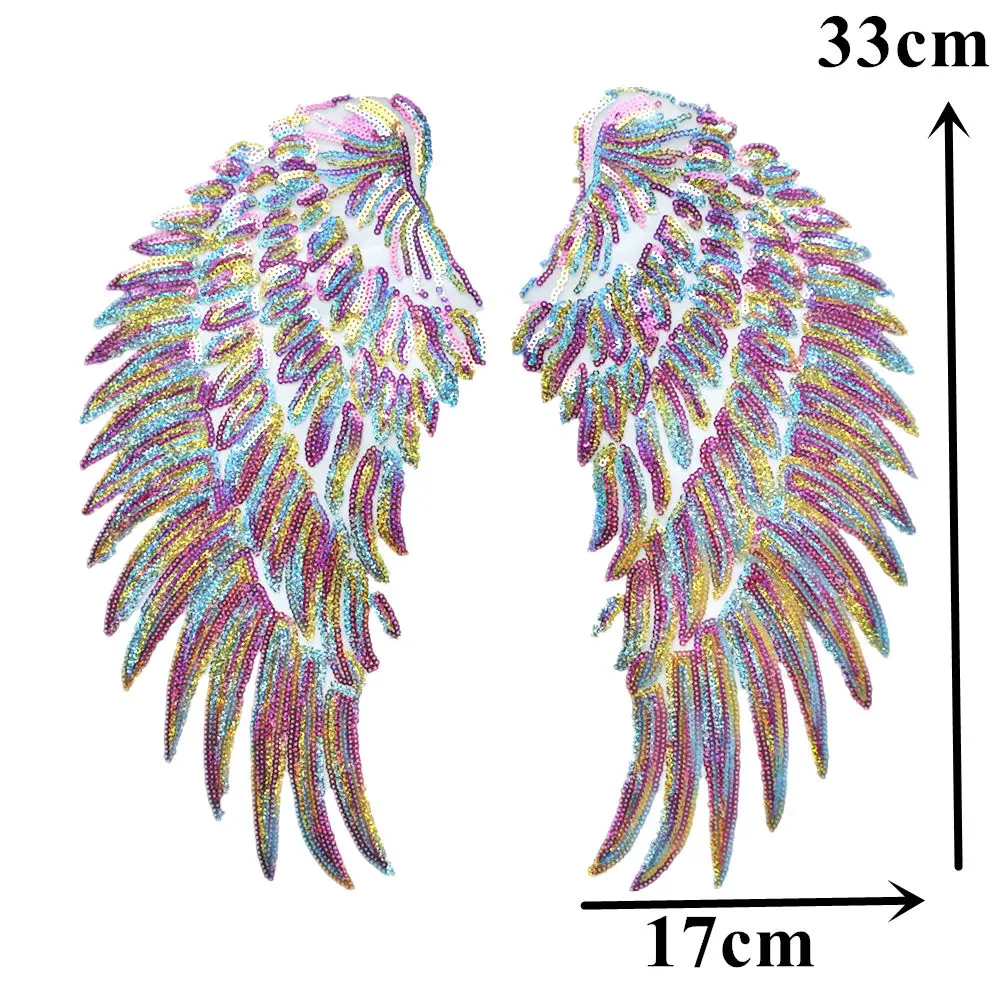 Rainbow Style 2 2 шт. золотые, серебряные, Радужные Блестки, перо, крылья ангела, пришить железные нашивки 33 см для платья, джинсов, рубашки, DIY Аппликации, украшения - Цвет: Rainbow Style 2