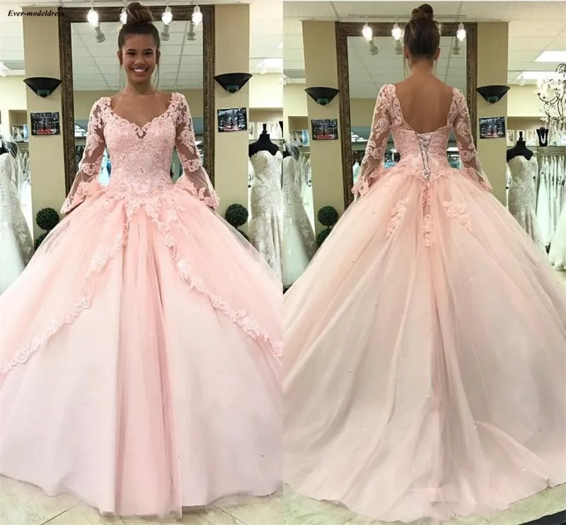 Розовое Бальное Платье принцессы бальные платья с v-образным вырезом и длинными расклешенными рукавами иллюзионные Кружевные Аппликации корсет сзади Vestidos De 15