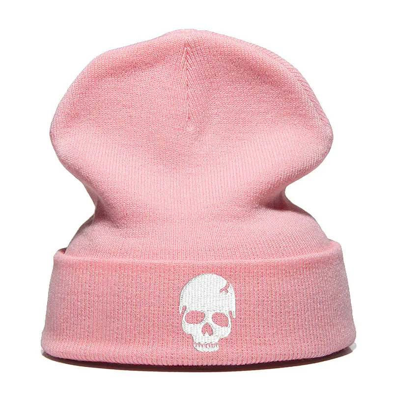 Beanie шляпа Skullie шапка, вязаная шапка-носок Зимняя Вышивка в стиле панк Для мужчин Для женщин для маленьких мальчиков Одежда для девочек-подростков для уличных танцев череп Забавный Скелет персонализировать - Цвет: PINK WHITE