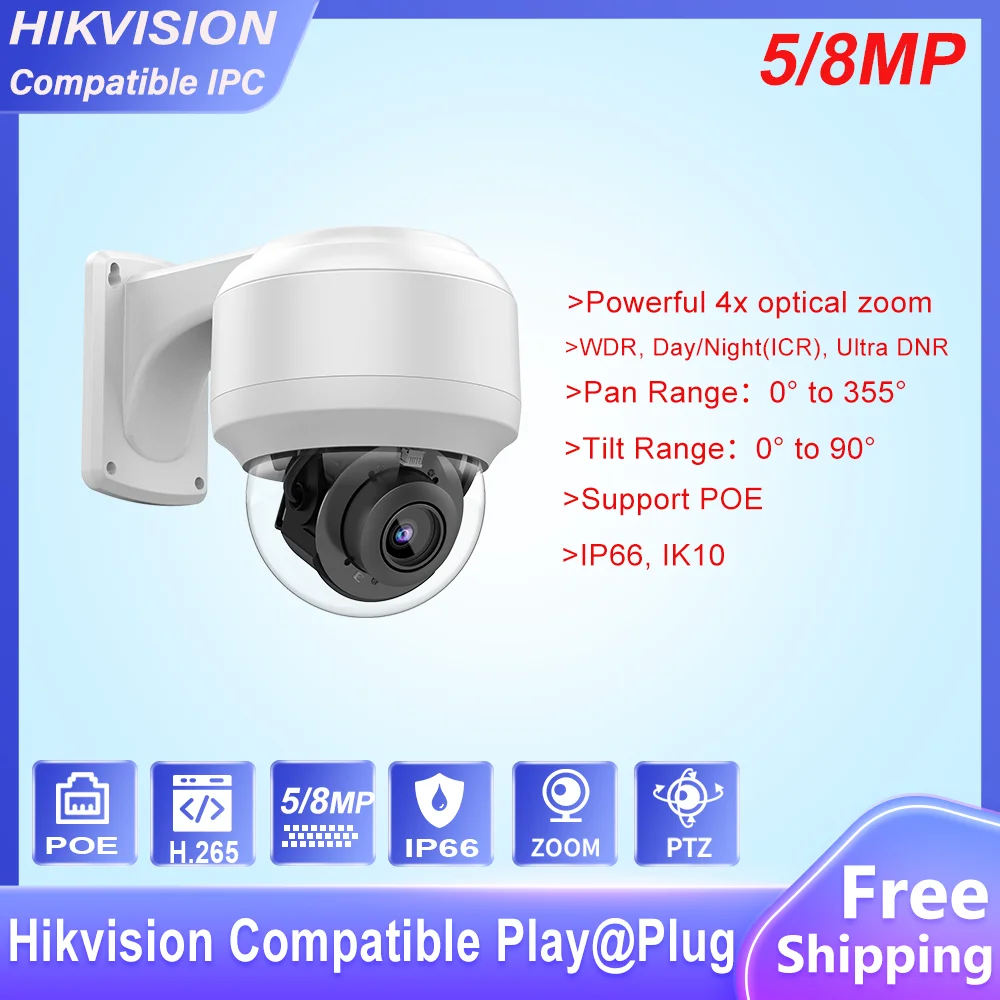 Hikvision Compatible 8MP 4K Outdoor POE PTZ IP Camera 5MP 4X Optical Zoom Dome IK10 Motion Detect Plug&ampPlay Video Surveillance |