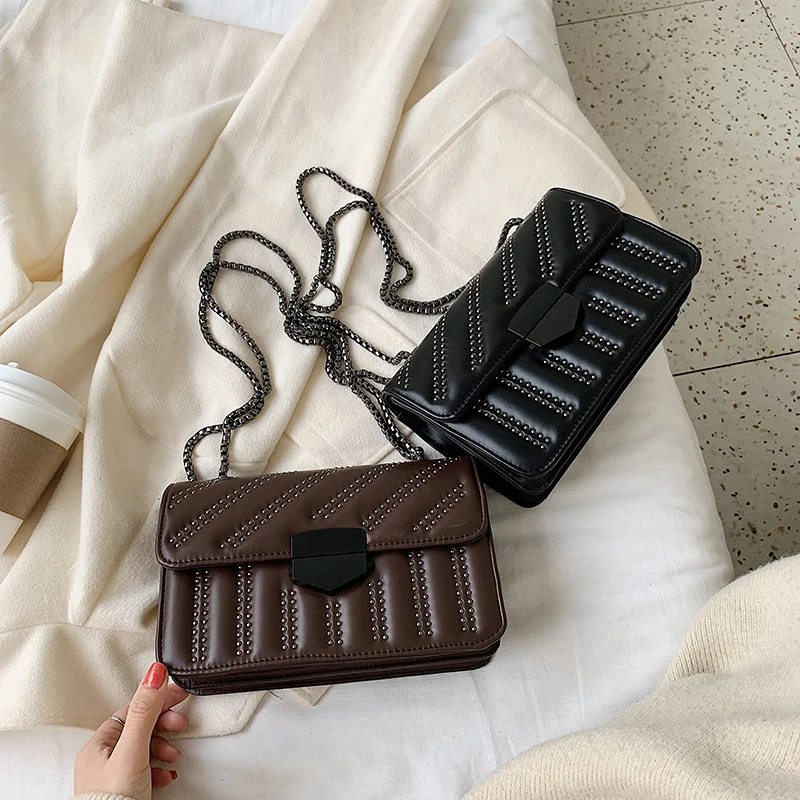 Small PU Leather Crossbody Bags For Women Rivets Designer Chain Shoulder Messenger Bag Female Travel Handbags