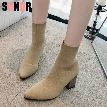 

Women Black Ankle Sock Boots 2019 Fashion Spring Autumn Stretch Boots Chunky High Heels Pointed Toe Women Shoes