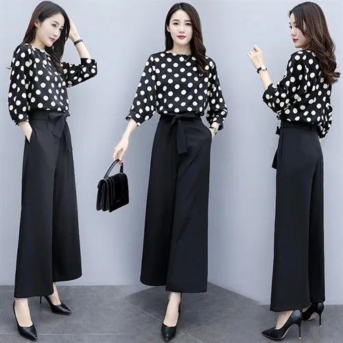 

Suit Skirt Loose Pants WOMEN'S Suit 2019 New Style Elegant Spring And Summer Korean-style Fashion Casual Polka Dot Two-Piece Set