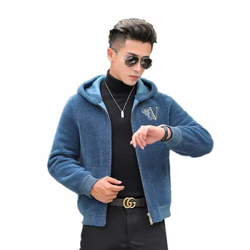 

New Winter Men Granular Sheep Shearing Jacket Youth Boy Short Warm Outwear Men's Wool Embroidered Coats