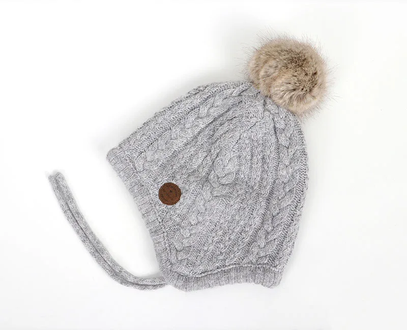 Зимние вязаные детские шляпы для детей на шнуровке для девочек и мальчиков, детская хлопковая шапка с помпонами, бархатная теплая шапочка для детей 1-4 лет - Цвет: Gray