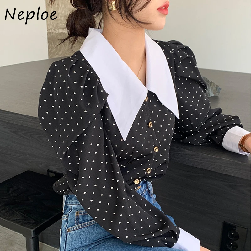 Женская блузка в горошек Neploe с отложным воротником пышными длинными рукавами