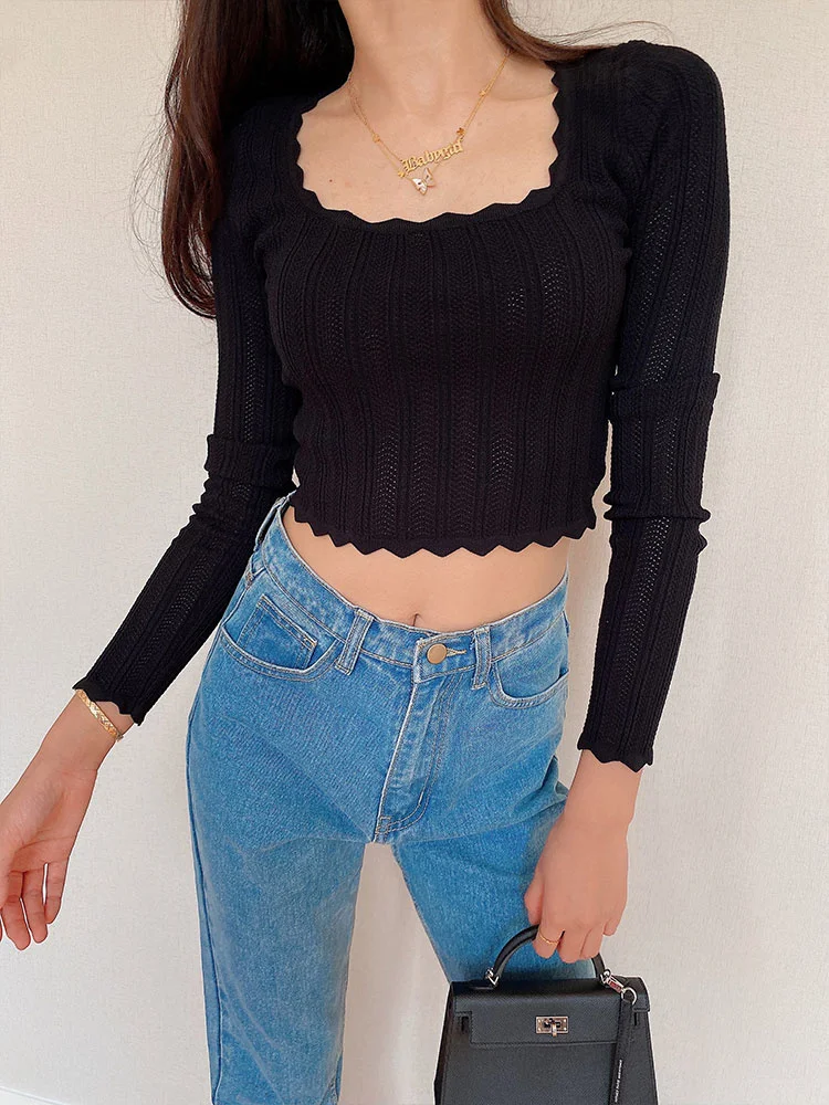 

Women Scoop Neck Open Stitch Jumper In Fine Knit Rib With Wave Trim Sexy Crop Knit Top V445