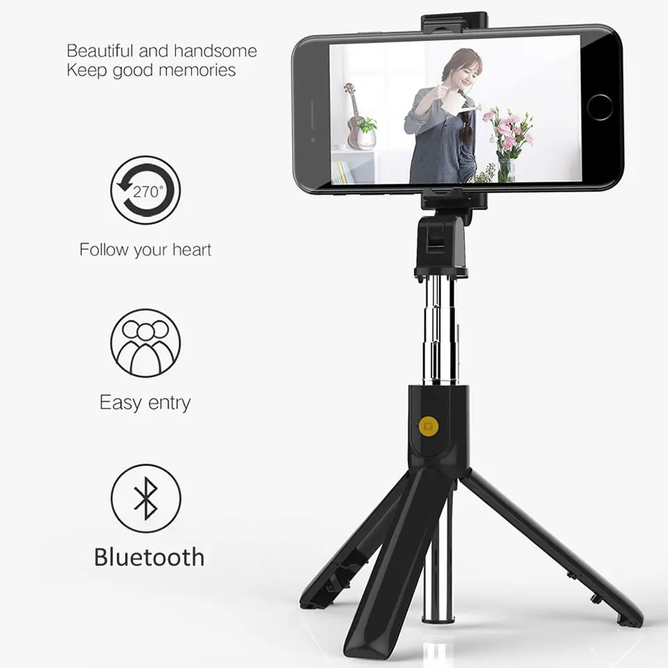 Mini trípode y selfie stick bluetooth inalámbrico para móvil, obturador remoto extensible, monopié de mano plegable 3 en 1 para iPhone/Android/Huawei
