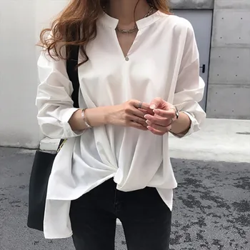 

2019 Autumn Women Shirt Long Sleeve Casual Chiffon Turn-down Collar Blouses Solid Women Korean Style V Neck Soft Blouses