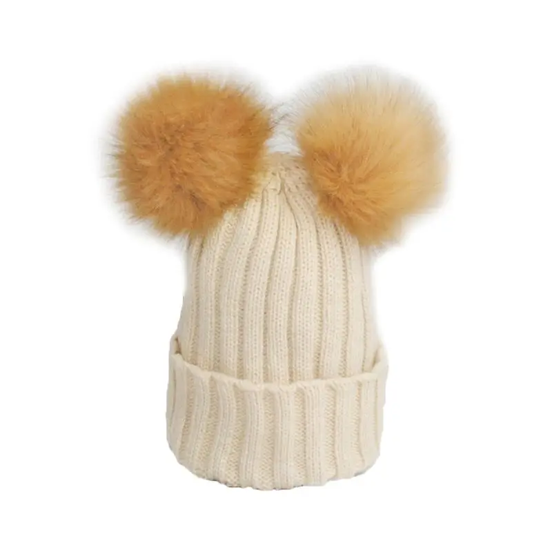 Зимняя теплая шапка с двумя плюшевыми шариками для женщин и девочек, осенняя вязаная шапка с толстыми шапочками H3CD - Цвет: Бежевый