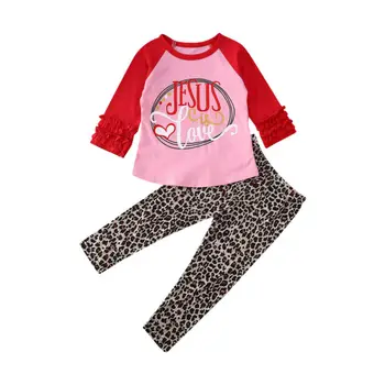 

Valentine's Day Kid Baby Girl Clothes Sets Letter Print Long Sleeve Tops+Leopard Pant Leggings Clothes Set