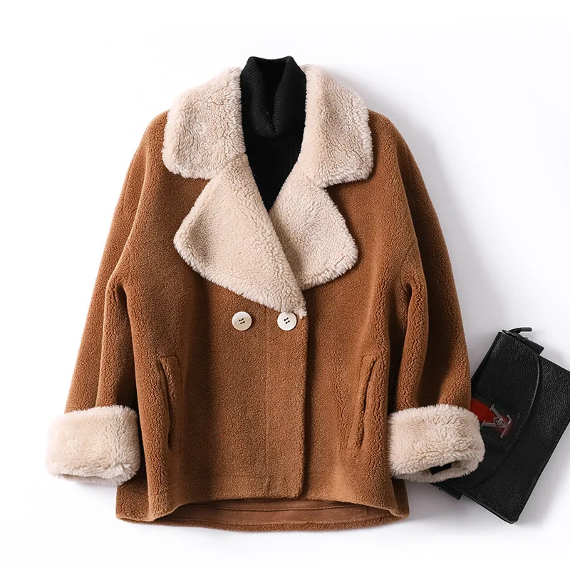 

Real Fur Sheepskin Coats Women Winter Sheep Fur Jacket New Fashion Sheep Shearing Parka Wool Blends Overcoat Ladies Outwear