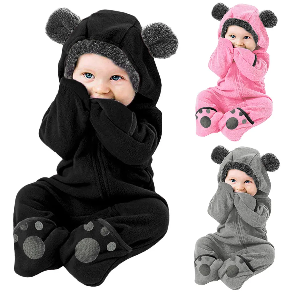 Winter Newborn Infant Baby Girls Boys Solid Colors Cartoon Bear Ears Hooded Hoodie Fleece Romper Jumpsuit Clothes Costume#g4 | Мать и
