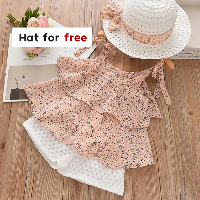 

Kids Girls Dresses 2021 Princess Girl Clothing Floral Dress Splicing Gauze Layered Dress and Hat 2Pcs for 2-8 Years