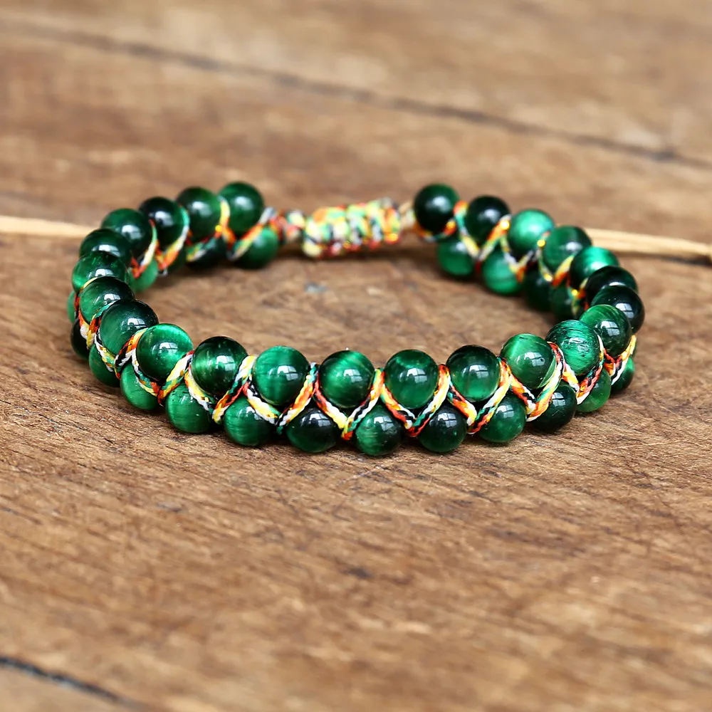 6mm Green Tiger Eye Stone Braided Double Layer Beaded