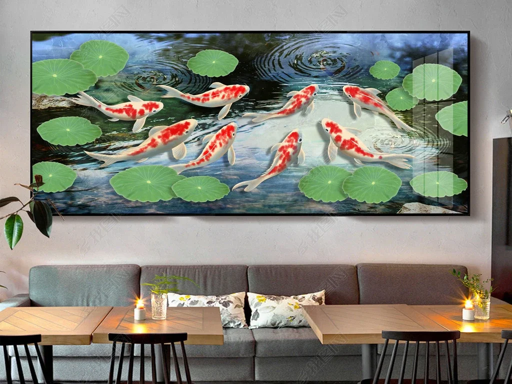 年年有余池塘鲢鱼锦鲤装饰画无框画背景墙