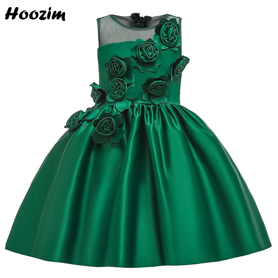 Emerald Green Applique Rose Red Carpet Pageant Dress Girls 4-11 Years Formal Ruched Back Bow Mesh Evening And Prom Dresses Kids |