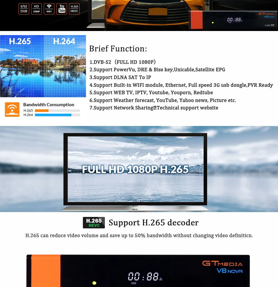 5 шт./лот GTmedia v8 nova спутниковый ресивер такой же, как и бесплатный спутниковый ресивер sat V9 Super DVB S2 встроенный WiFi Поддержка H.265 AVS