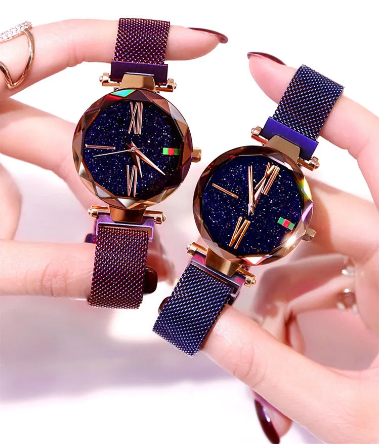 

New men and women mesh with magnet buckle starry view luxury fashion geometric surface Roman numerals quartz watch Relogio Femin