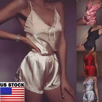 

2PCS Set Women Sexy Satin Lace Sleepwear Babydoll Lingerie Sling lace deep v vest Crop Top shorts Nightdress Silk Pajamas set