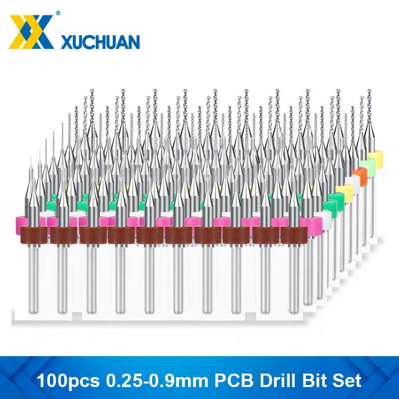 Carbide PCB Drill Bit Set 100pcs 0.25-0.9mm 1/8'' Shank Mini Hole Drill Cutter PCB Circuit Board Drilling Tool xcan import carbide pcb drill bits 1 2mm 3 175mm shank cnc drilling bit for pcb circuit board mini drill