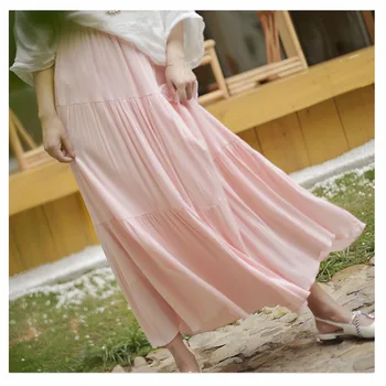 

2018 Women Summer Long Skirt Cotton Linen Women Skirts Pink High Waist Boho Women Maxi Skirts White Faldas Saias Jupe
